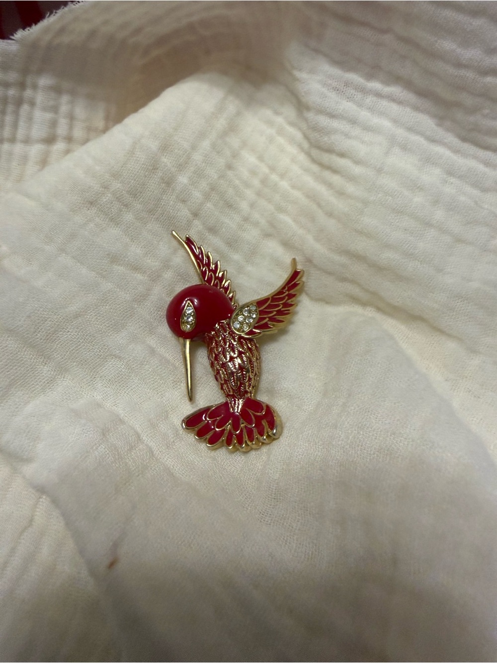 Source Unknown Red and Gold Enamel Hummingbird Brooch